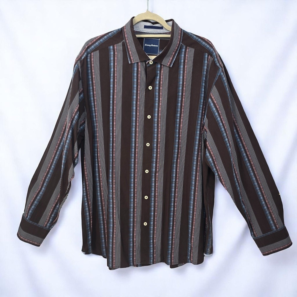 Tommy Bahama Button Down Shirt Striped Cotton‎ Silk Blend Mens XL Brown Blue Red
